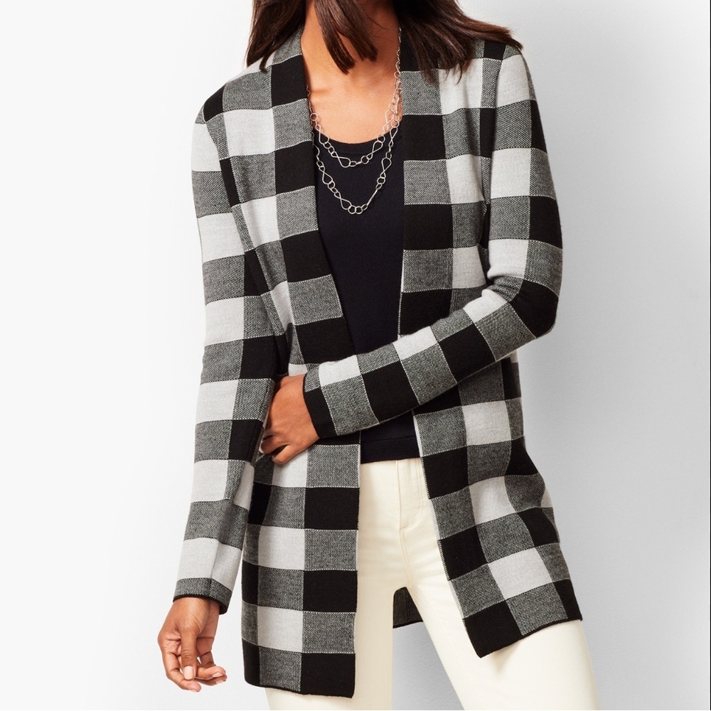Talbots Merino Wool BLACK BUFFALO-PLAID CARDIGAN Size XL Crozy